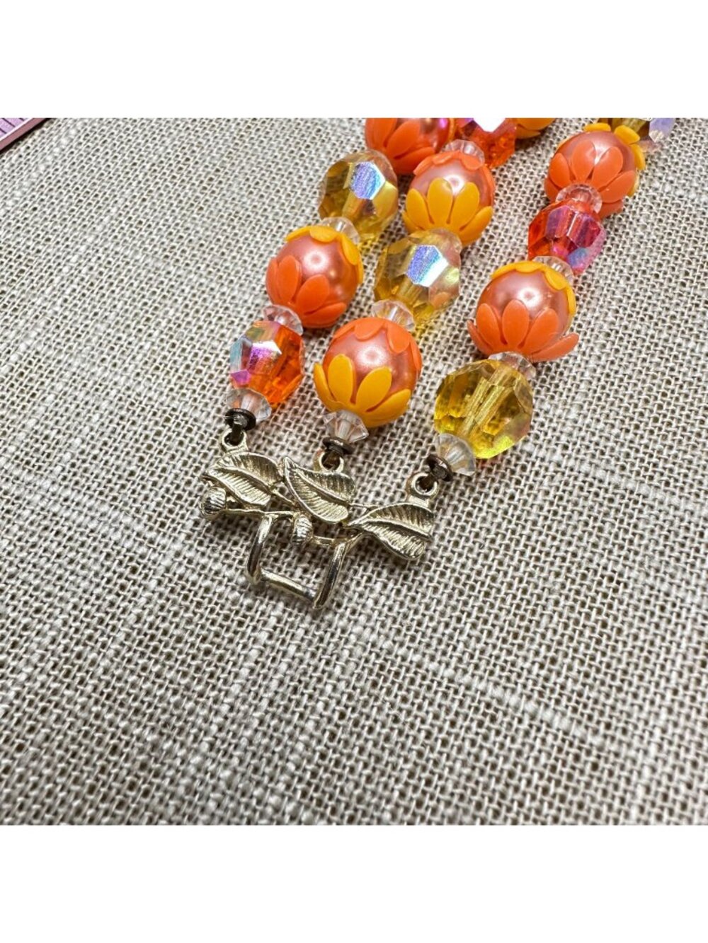 Vintage 1960s Three-Strand Lucite Bead Bracelet Mod Orange & Yellow Flower Retro - Picture 10 of 12